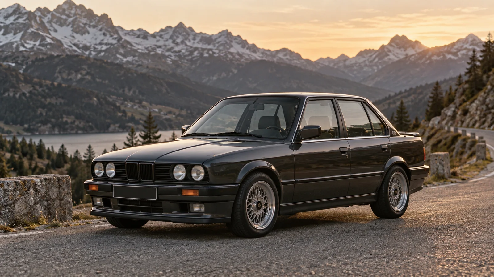 Recreación editorial de un BMW Serie 3 E30 en una carretera alpina