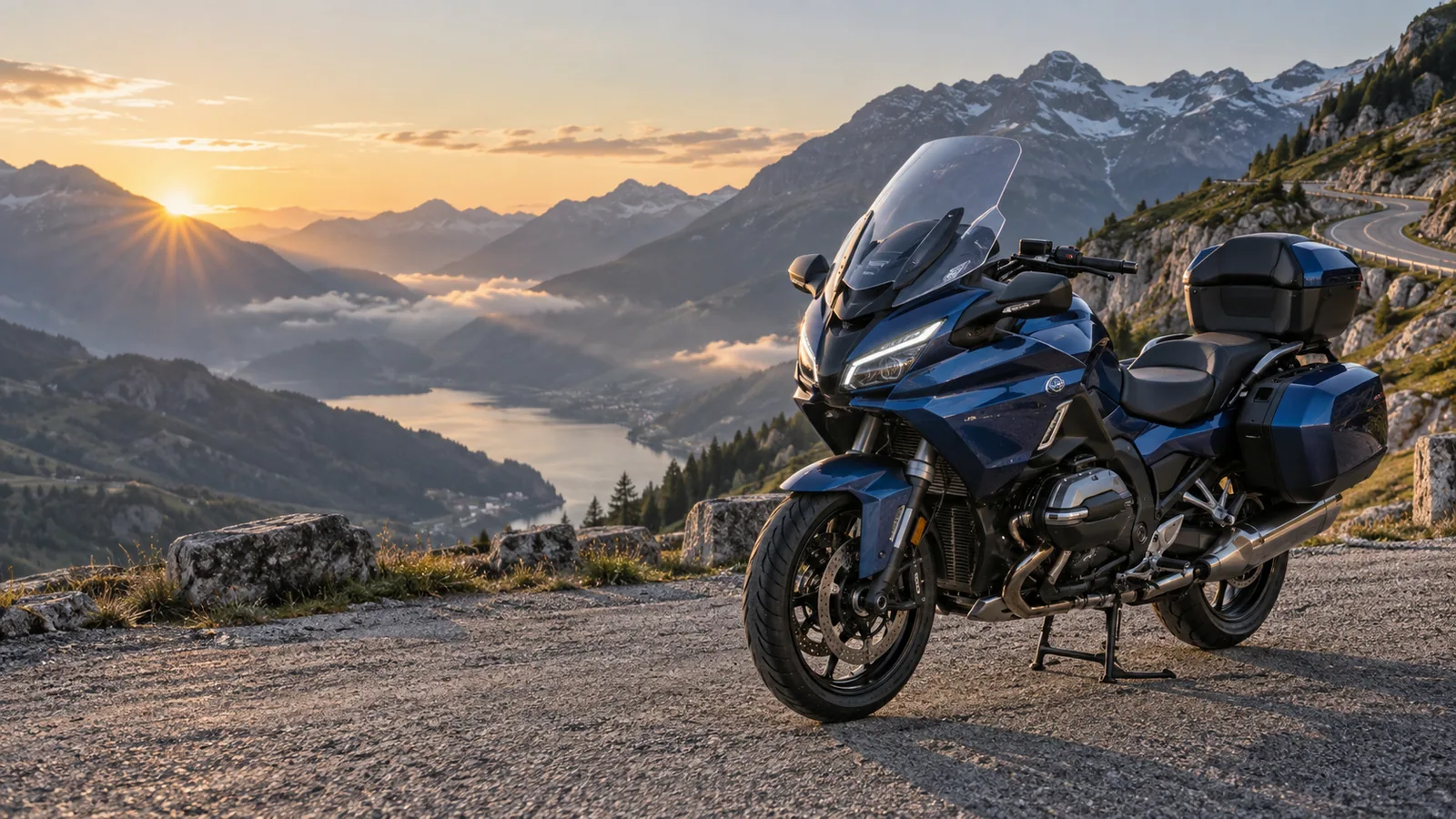 Recreación editorial de una BMW R 1300 RT azul con maletas en un mirador alpino al amanecer