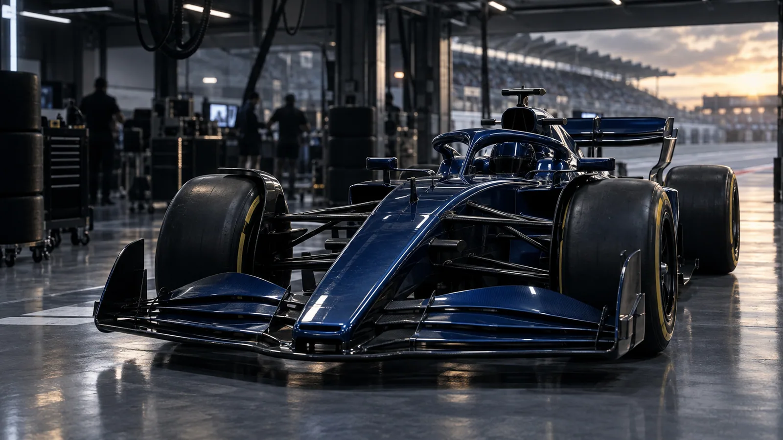 Recreación editorial de un monoplaza azul oscuro inspirado en el proyecto Cadillac de Fórmula 1 dentro de un garaje
