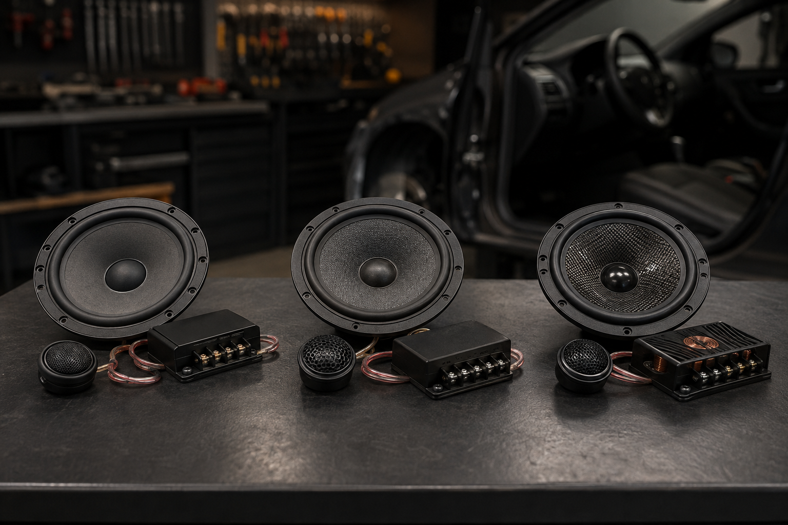 Tres kits de componentes para automóvil con woofers, tweeters y filtros sobre un banco de instalación