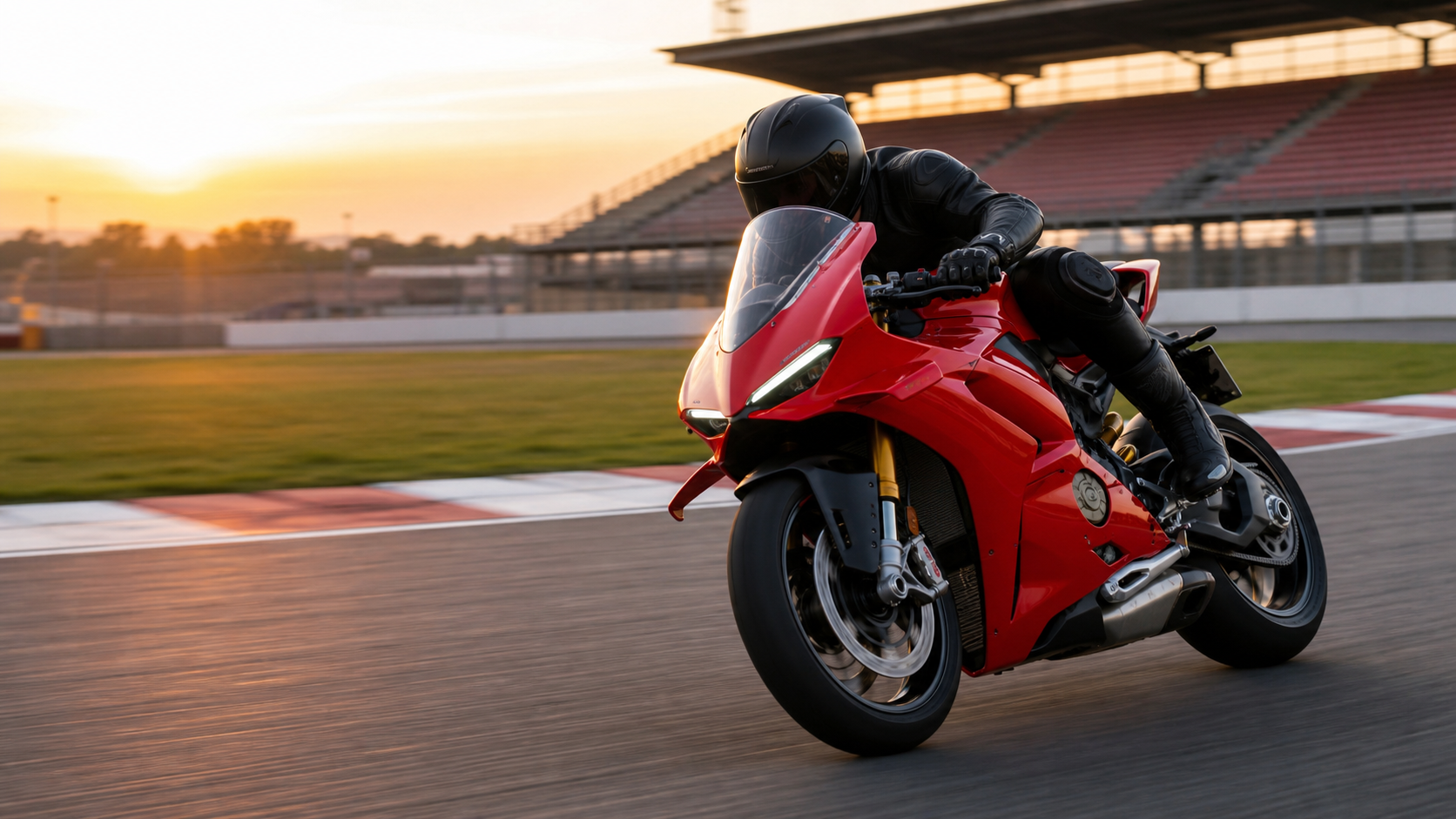 Ducati Panigale V4 R roja inclinada en un circuito con aerodinámica lateral visible