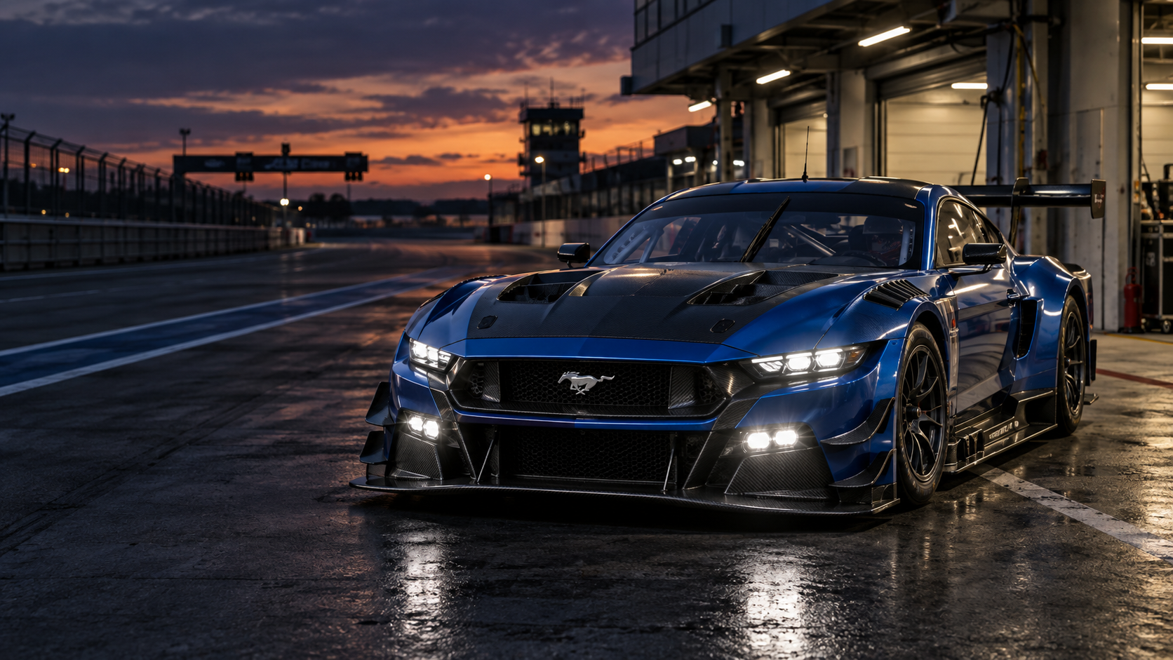 Recreación editorial de un Ford Mustang GT3 azul en el pit lane al atardecer