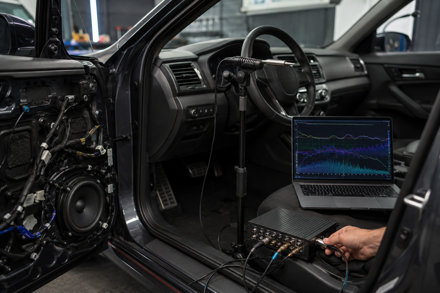Técnico calibrando el sonido de un automóvil con micrófono, portátil y amplificador DSP multicanal