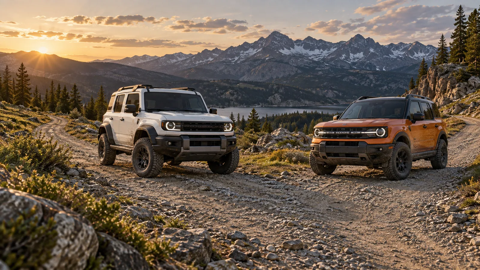Recreación editorial de un Toyota Land Cruiser FJ blanco y un Ford Bronco Sport naranja en un camino de montaña