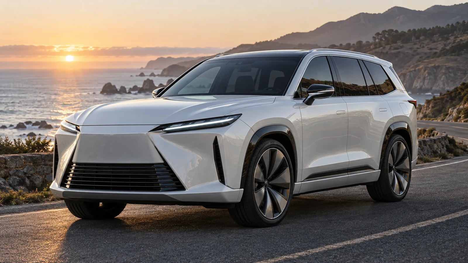 Recreación editorial de un Lexus TZ blanco circulando por una carretera costera al amanecer