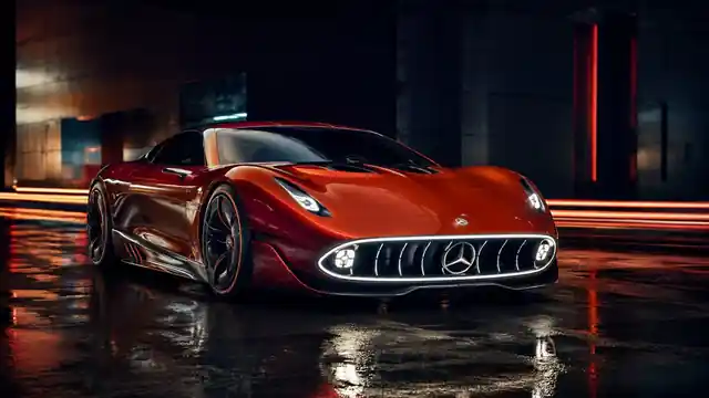 Gran turismo eléctrico rojo de altas prestaciones inspirado en el concepto AMG GT XX sobre una pista nocturna