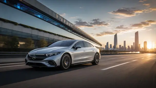Mercedes EQS de pruebas circulando por una autopista nórdica con representación técnica de una batería de estado sólido