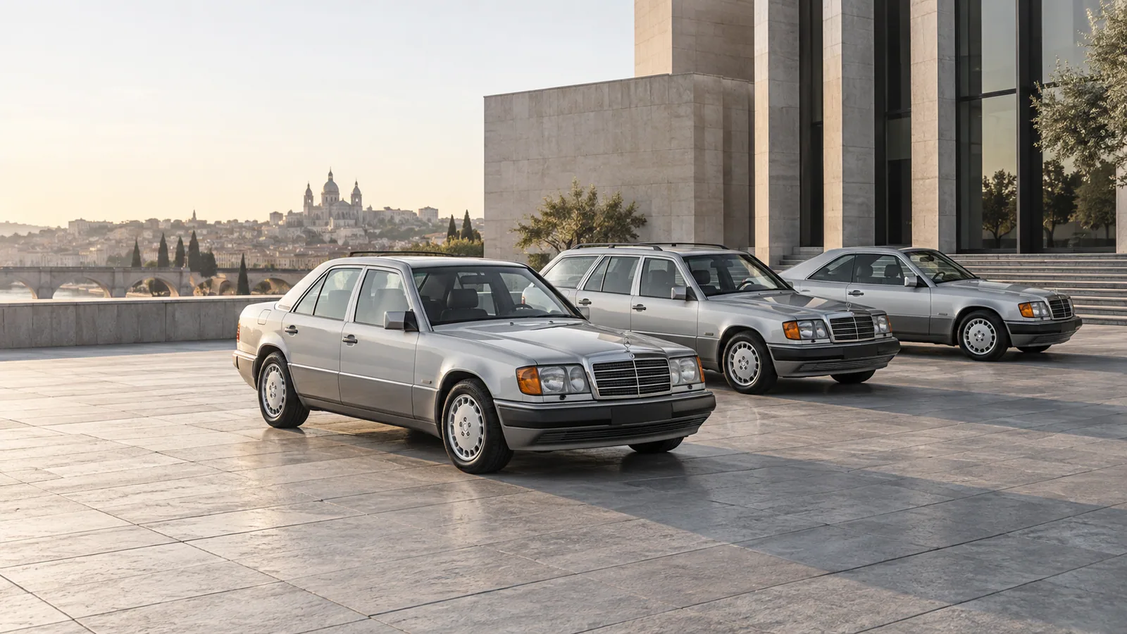Recreación editorial de un sedán, familiar y cupé Mercedes-Benz W124 plateados en una plaza europea