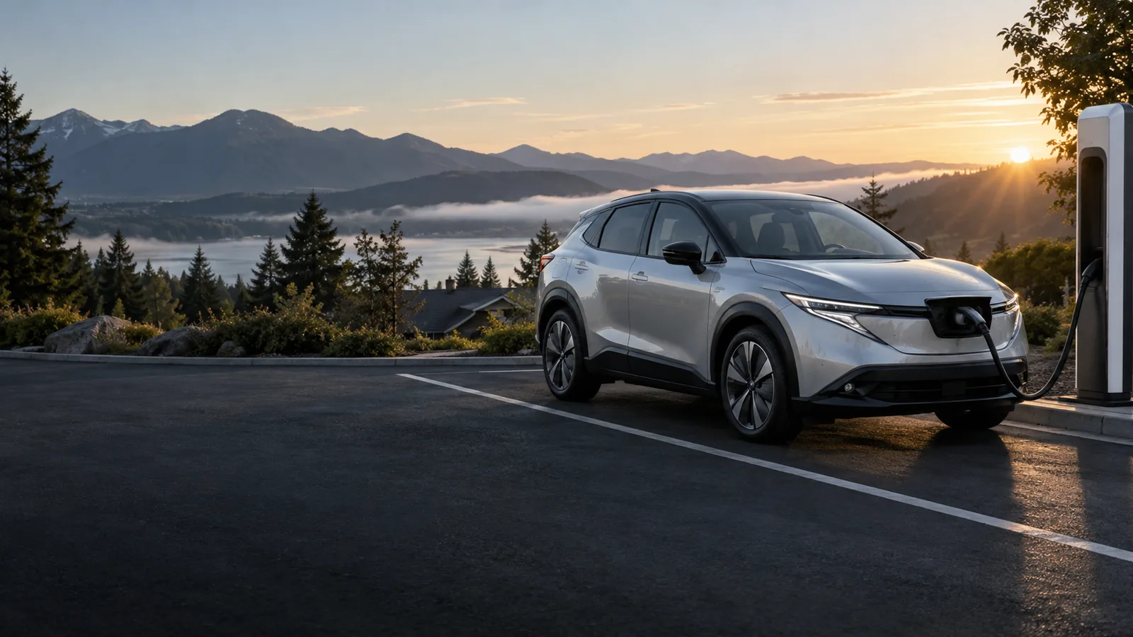 Recreación editorial de un Nissan LEAF 2026 plateado conectado a un cargador rápido al amanecer