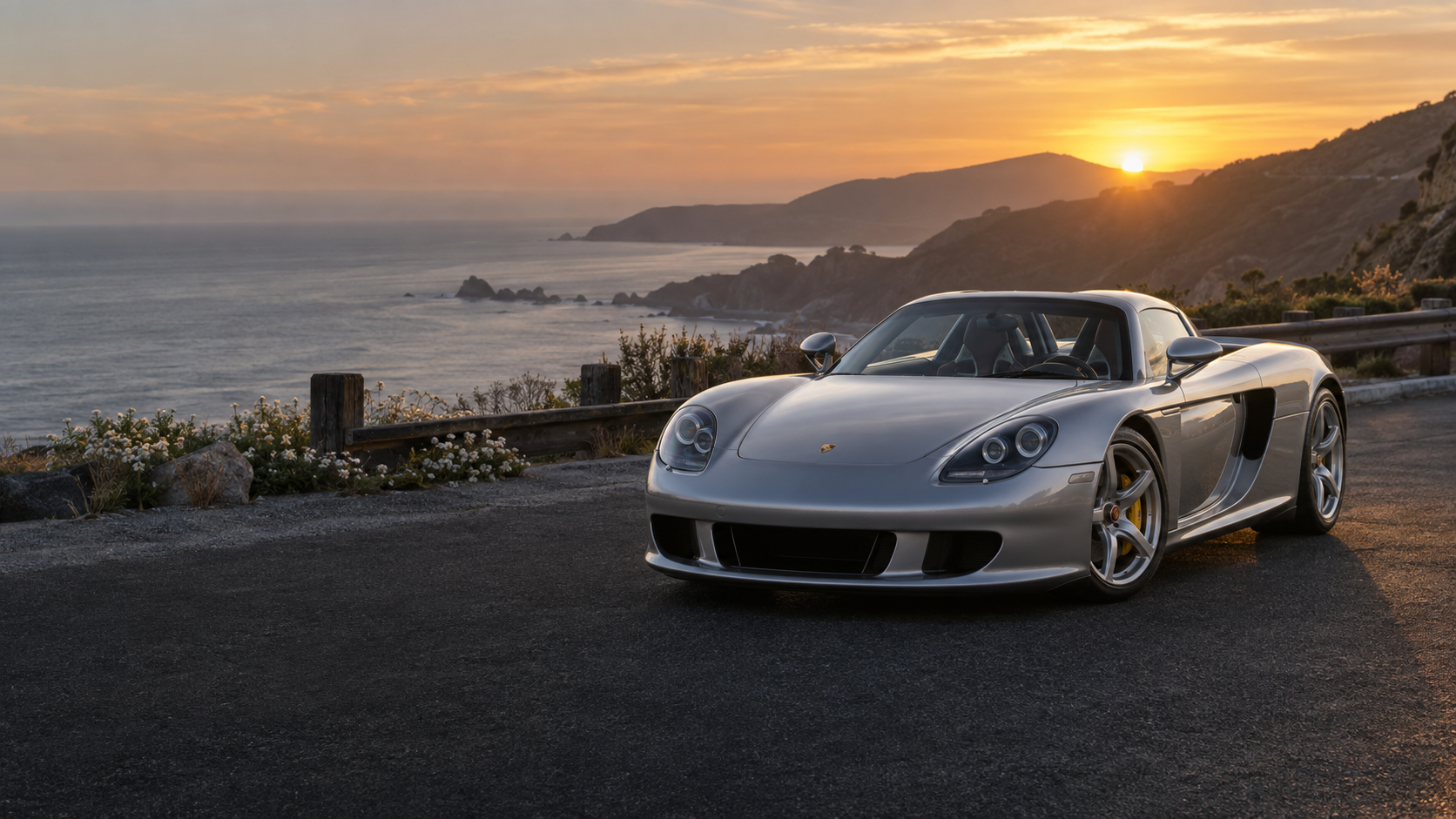 Porsche Carrera GT plateado frente al océano al amanecer con flores blancas junto a la carretera