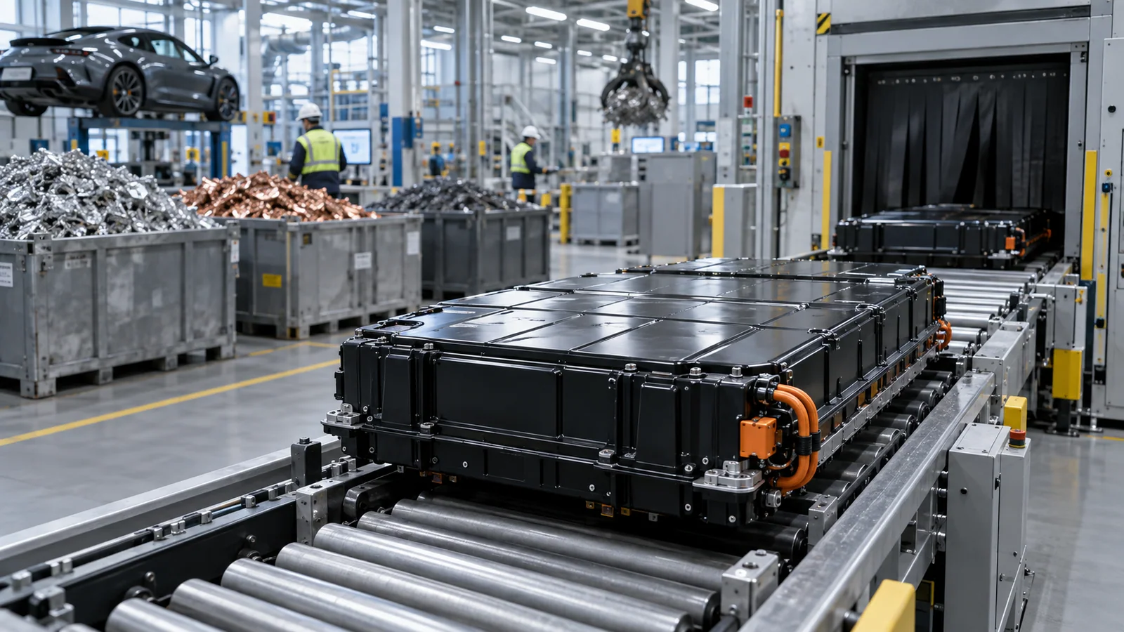 Recreación editorial de módulos de batería Porsche entrando en una planta moderna de reciclaje