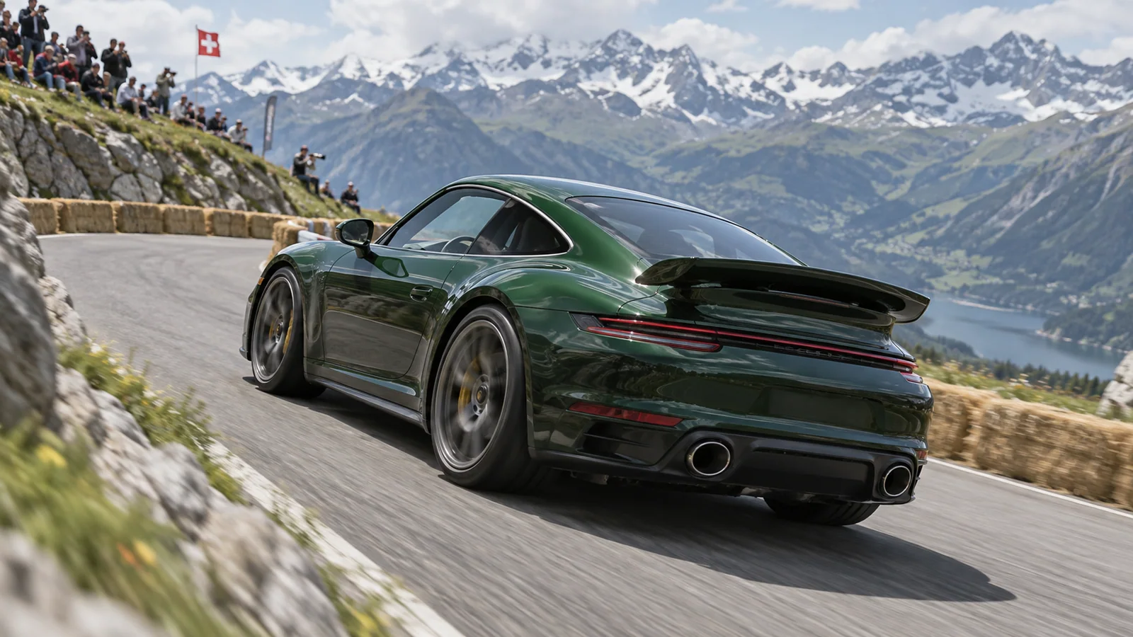 Recreación editorial del GT3 Bergsport en una carretera alpina cerrada