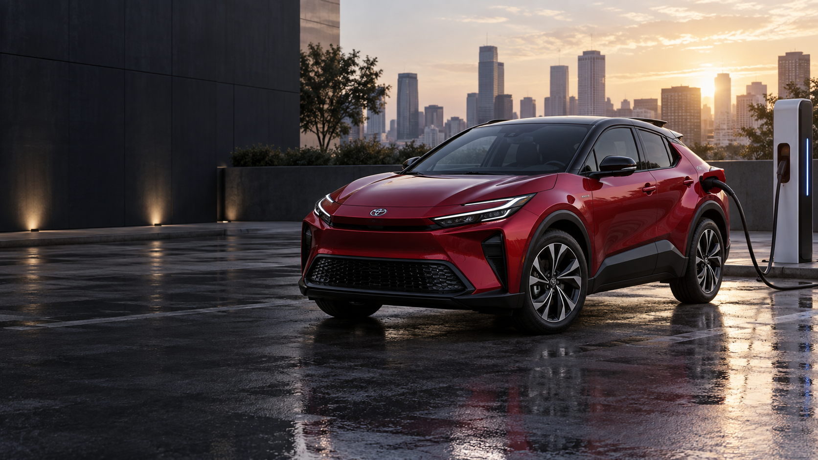 Recreación editorial de un Toyota C-HR eléctrico rojo conectado a un cargador al amanecer