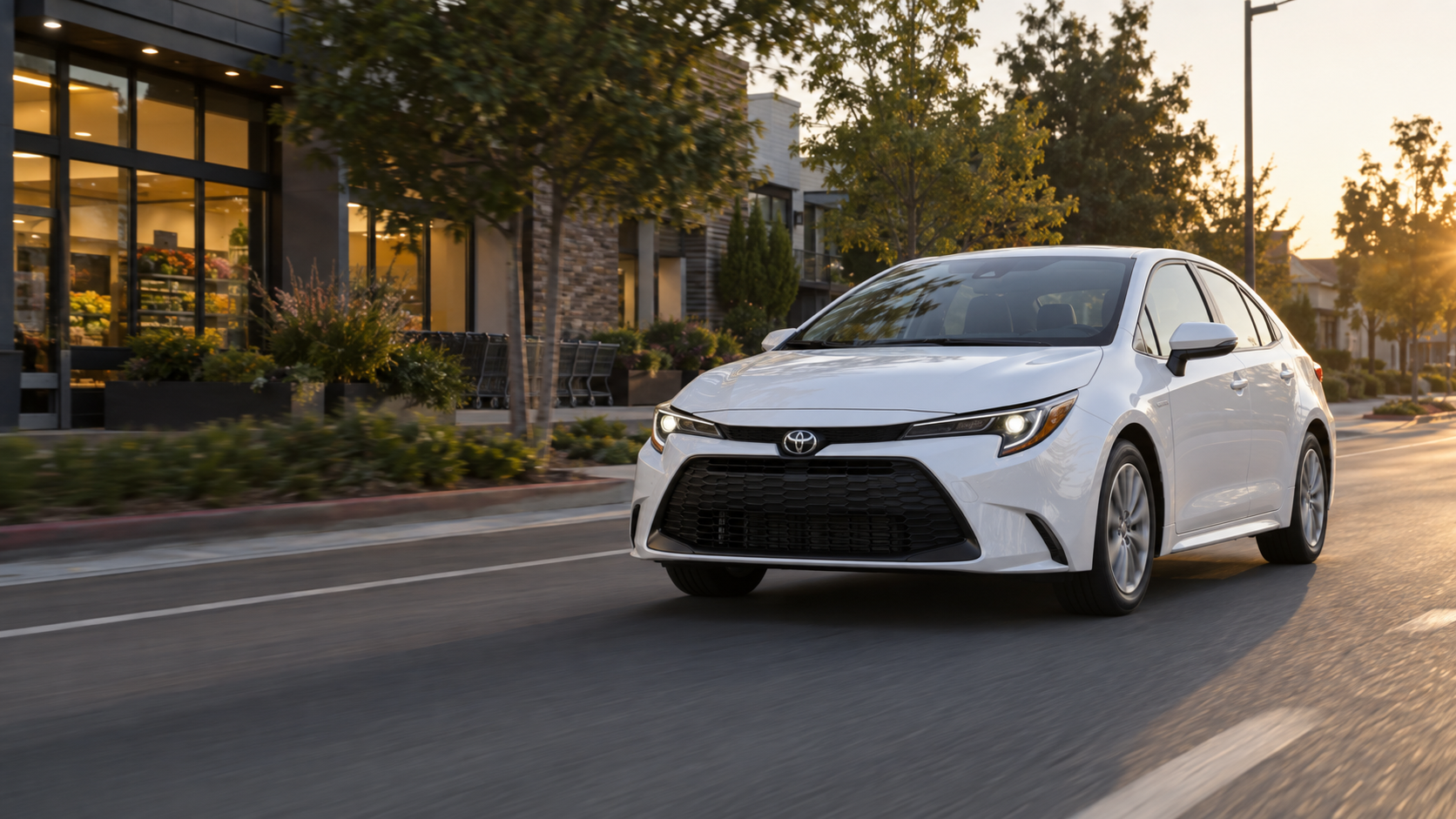 Toyota Corolla 2026 blanco estacionado frente a comercios de un vecindario al amanecer