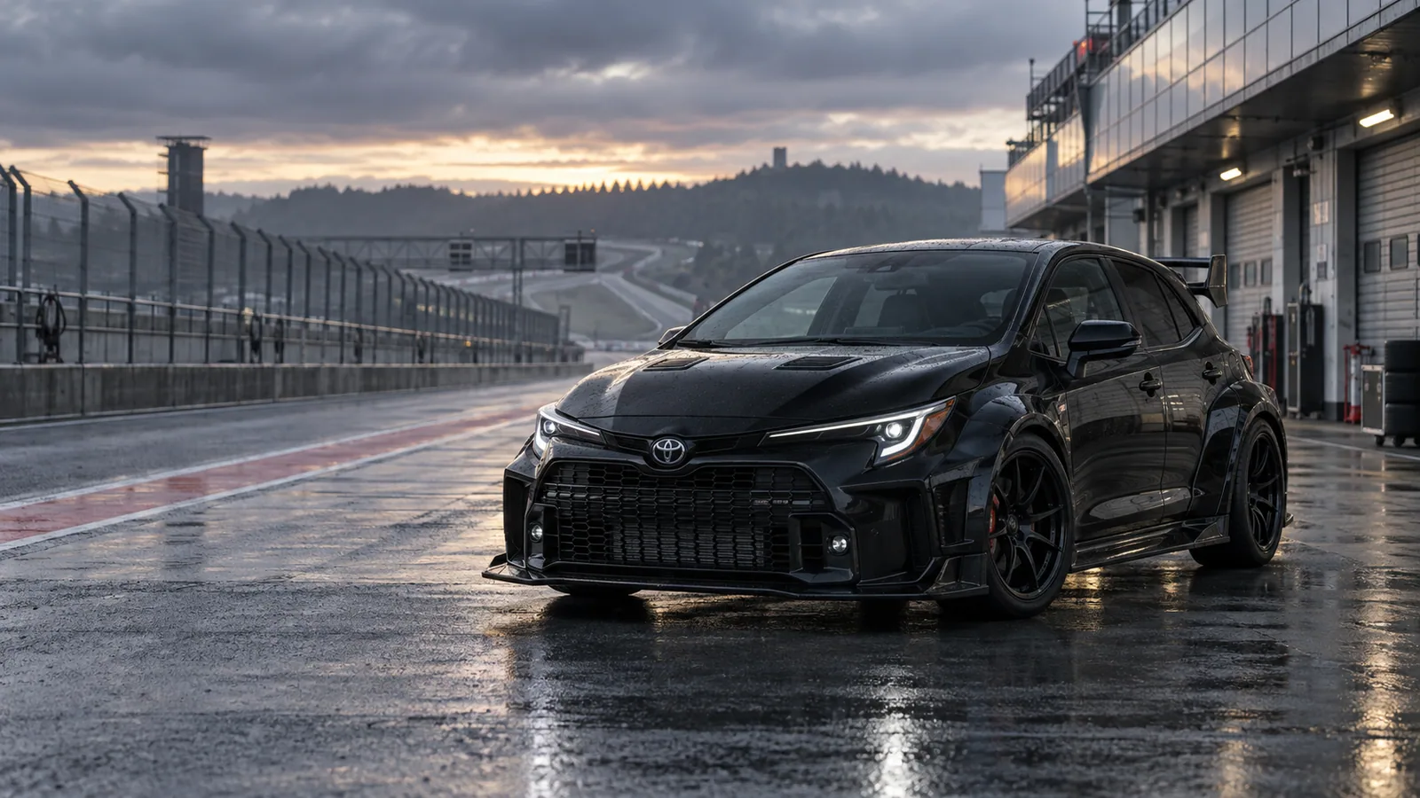 Recreación editorial de un Toyota GRMN Corolla negro en el pit lane de Nürburgring al amanecer