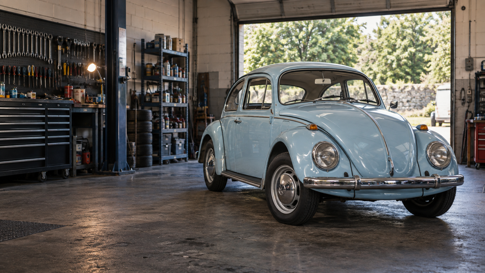 Volkswagen Beetle azul claro de los años setenta durante una inspección en un taller