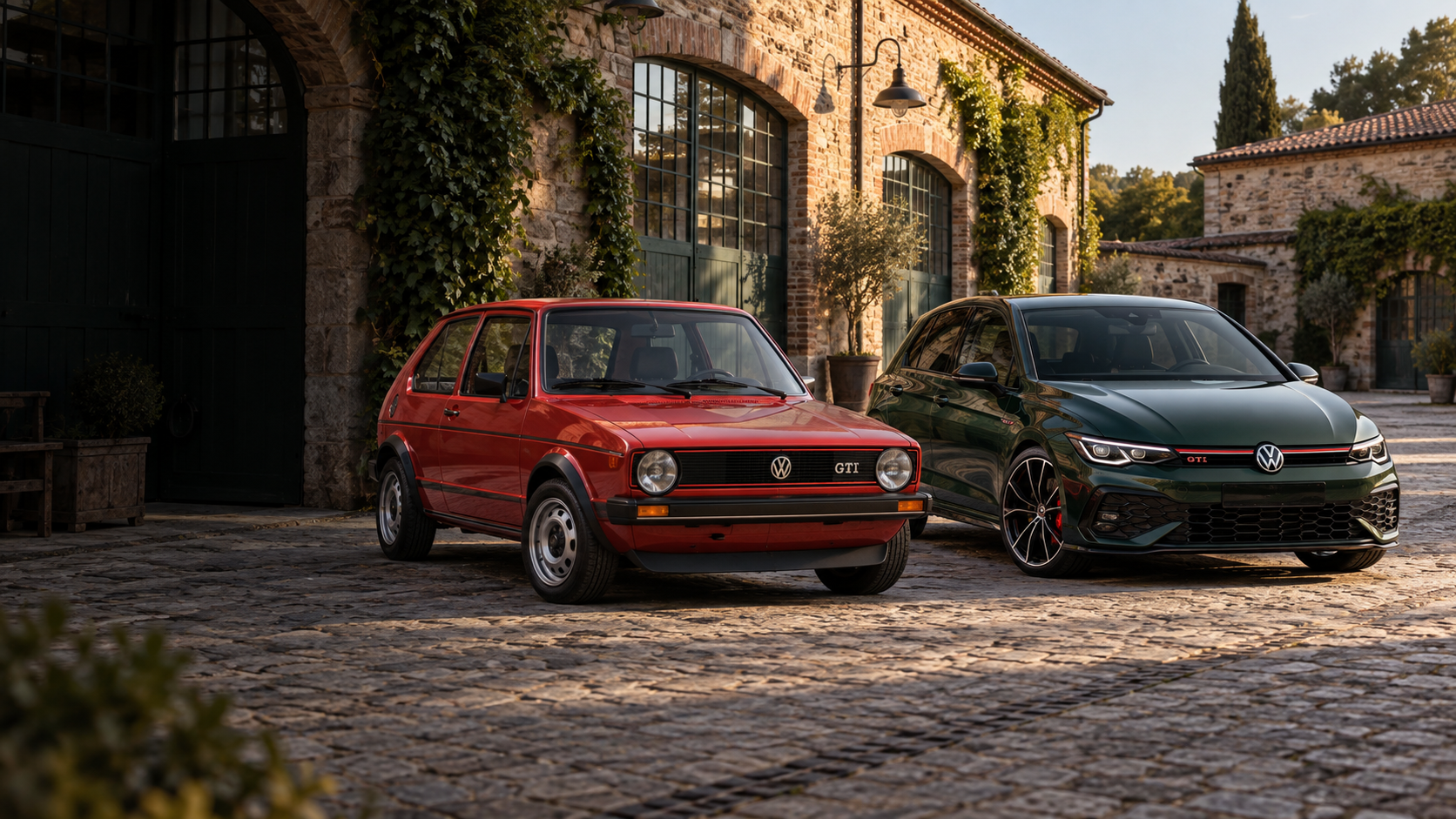 Recreación editorial de un Golf GTI Mk1 rojo junto a un Golf GTI Edition 50 verde