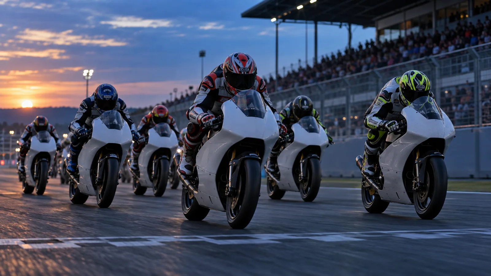 Recreación editorial de una parrilla Moto3 con maquinaria equivalente