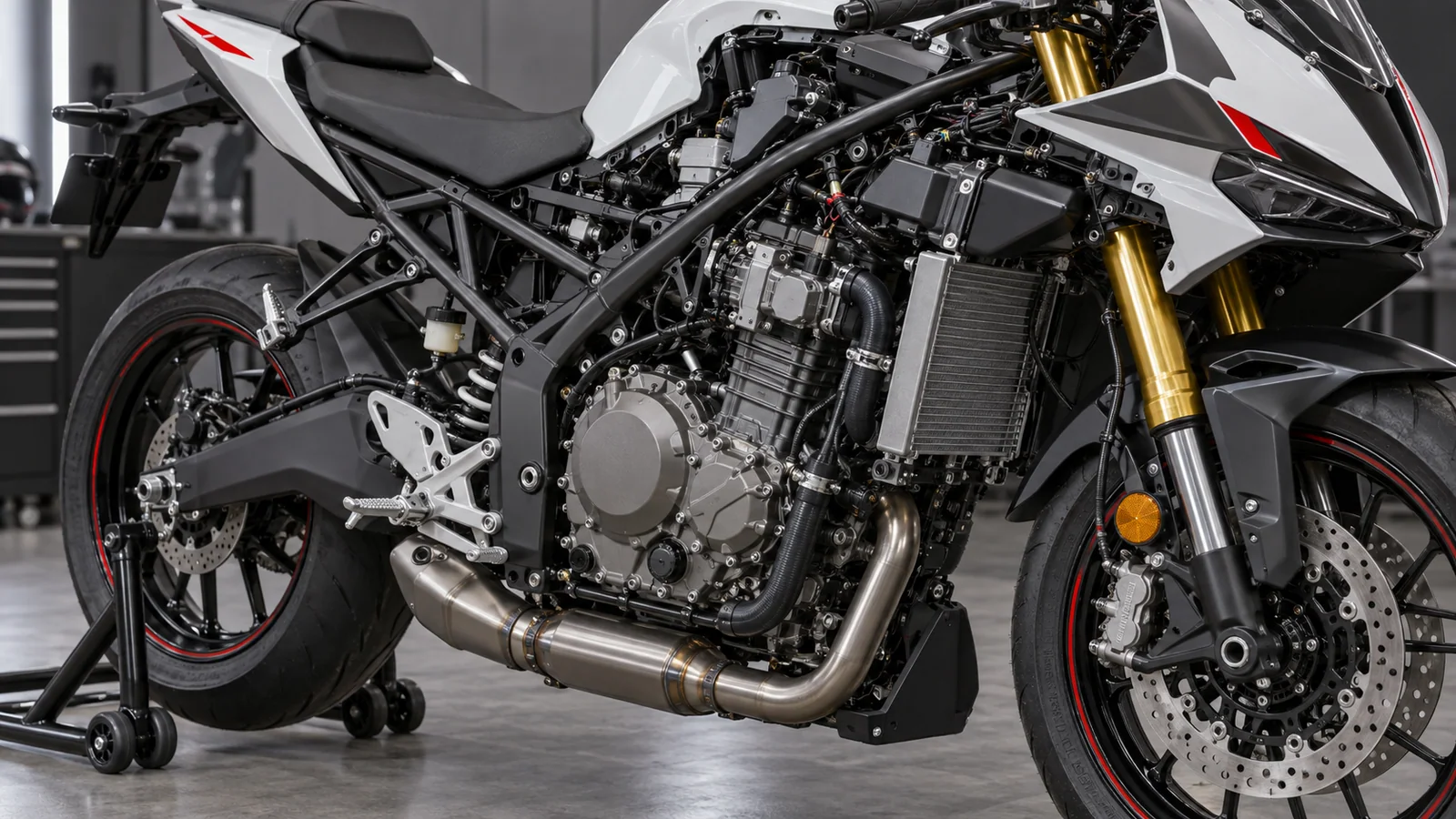 Recreación editorial del motor y bastidor de la Yamaha YZF-R2